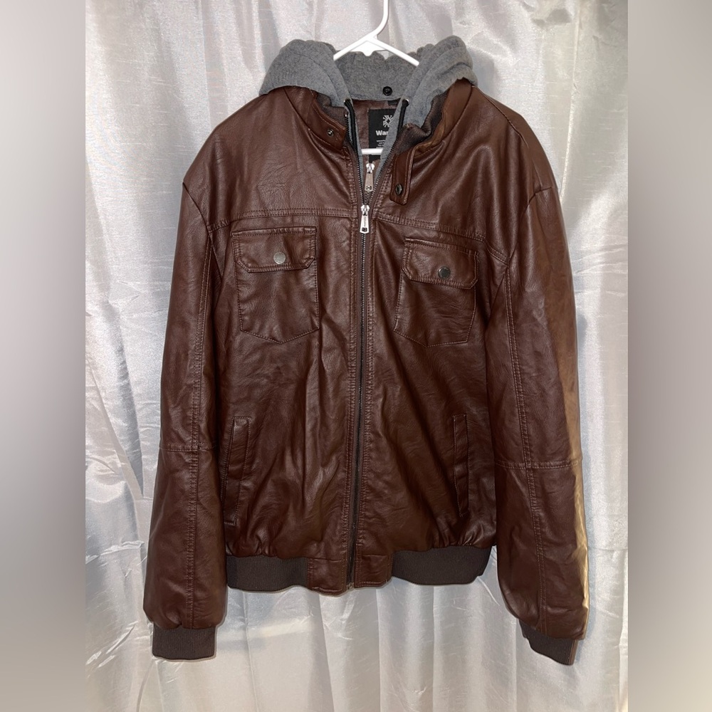 NWOT Wantdo Men's Faux Leather Jacket with Removable Hood Motorcycle Jacket